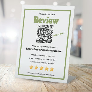 Retro QR code 'leave us a review' YELP green Pedestal Sign