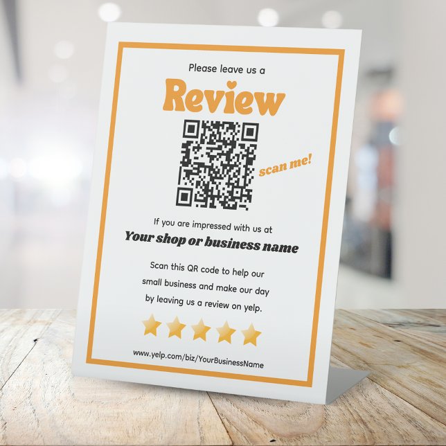 Retro QR code 'leave us a review' YELP orange Pedestal Sign (Creator Uploaded)