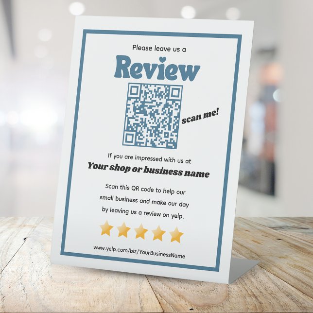 Retro QR code 'leave us a review' YELP retro blue Pedestal Sign (Creator Uploaded)