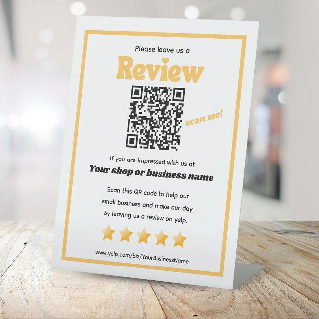Retro QR code 'leave us a review' YELP yellow Pedestal Sign (Creator Uploaded)