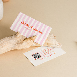 Retro QR Code Pink Hand Drawn Stripped Girly Boho Business Card