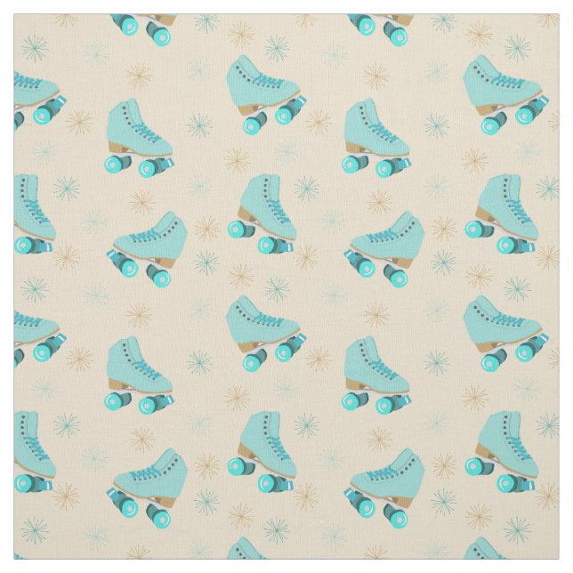 Retro Quad Roller Skates Teal and Tan Patterned Fabric (Swatch)