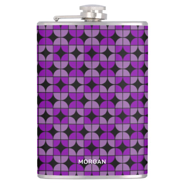 Retro Quarters Purple Pattern with Name Hip Flask (Front)