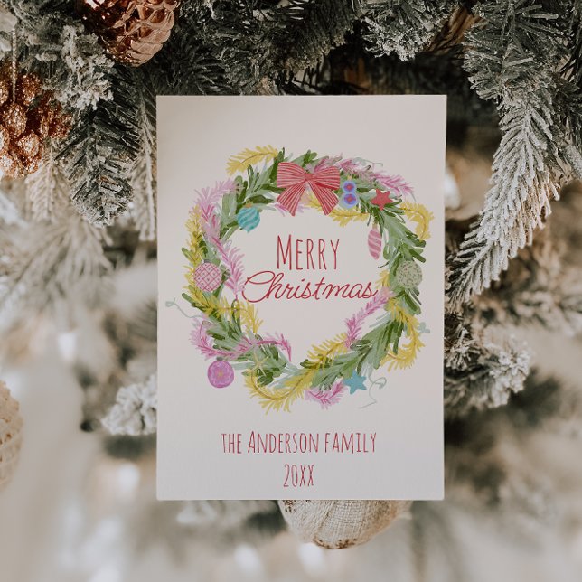 Retro Quirky Green Christmas Bow Wreath Non-Photo Holiday Card (Creator Uploaded)