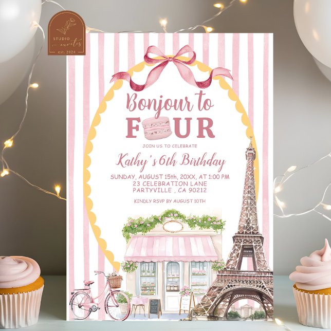 Retro Quirky Paris Bonjour 4th Birthday Invitation (Creator Uploaded)