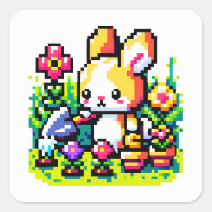 Retro Rabbit Gardener Vibrant Pixelated Garden Art Square Sticker
