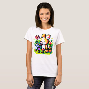 Retro Rabbit Gardener Vibrant Pixelated Garden Art T-Shirt