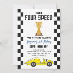 Retro Race Car 4th Birthday Party Invitation