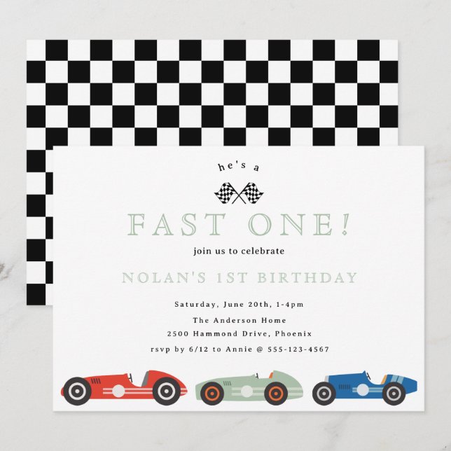 Retro Race Car Fast One Theme Birthday Invitation (Front/Back)