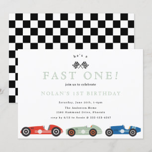 Retro Race Car Fast One Theme Birthday Invitation