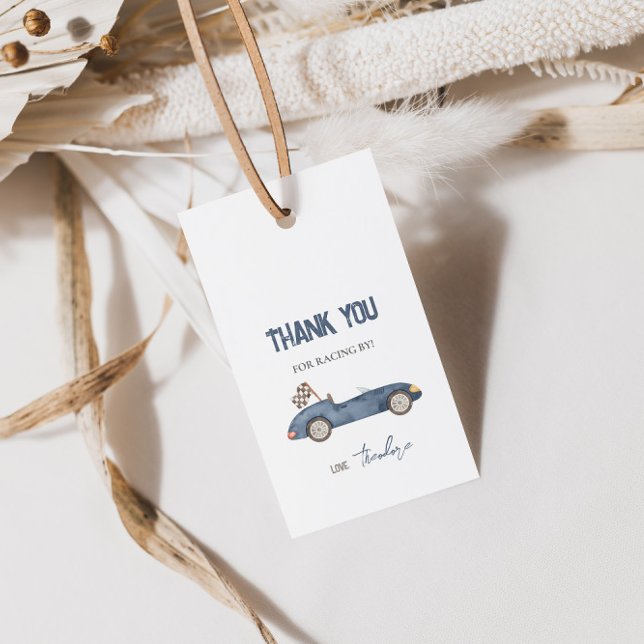 Retro Race Car Navy Blue Gift Tag (Creator Uploaded)