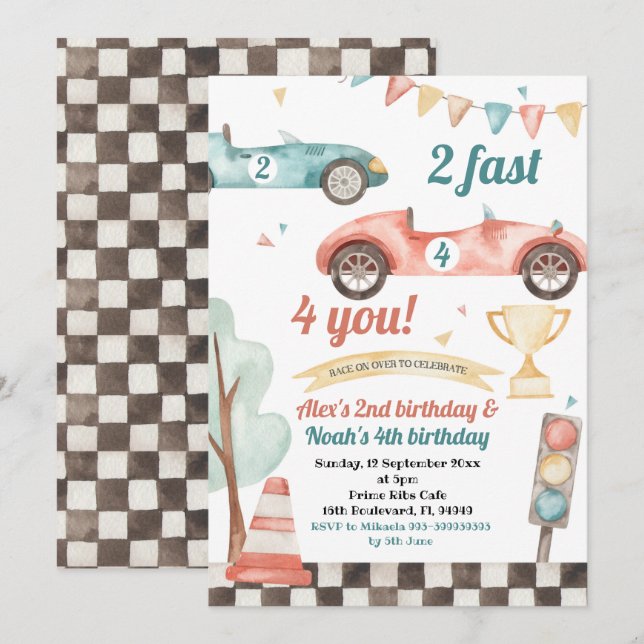 Retro Race Car Sibling Boys Birthday Invitation (Front/Back)