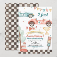 Retro Race Car Sibling Boys Birthday Invitation
