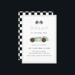 Retro Race Car Theme Birthday Invitation<br><div class="desc">Retro Race Car theme,  birthday party invitation. Sage Green Race Car illustration and chequered pattern backing.</div>