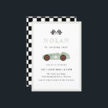 Retro Race Car Theme Birthday Invitation<br><div class="desc">Retro Race Car theme,  birthday party invitation. Sage Green Race Car illustration and chequered pattern backing.</div>