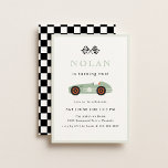 Retro Race Car Theme Birthday Invitation<br><div class="desc">Retro Race Car theme,  birthday party invitation. Sage Green Race Car illustration and chequered pattern backing.</div>