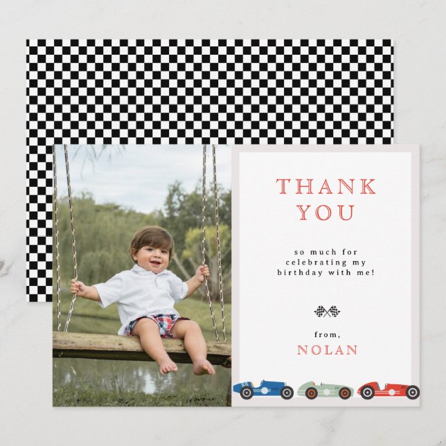 Retro Race Car Theme Birthday Photo Thank You Card (Front/Back)