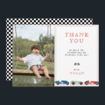 Retro Race Car Theme Birthday Photo Thank You Card<br><div class="desc">Cute retro race car theme,  birthday party flat thank you photo card.</div>