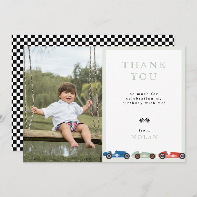 Retro Race Car Theme Birthday Photo Thank You Card (Front/Back)