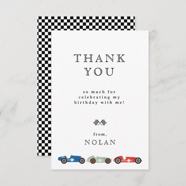 Retro Race Car Theme Birthday Thank You Card (Front/Back)