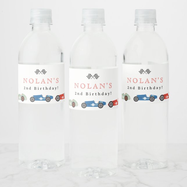 Retro Race Car Theme Birthday Water Bottle Label (Bottles)