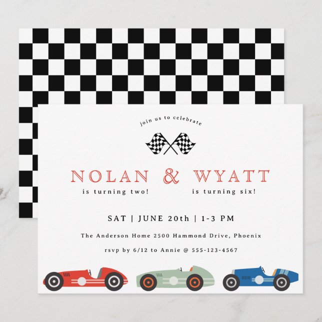 Retro Race Car Theme Joint Birthday Invitation (Front/Back)