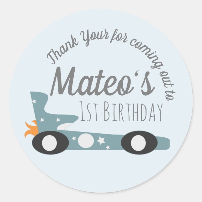 Retro Racing Cars Moon Stars First Birthday   Clas Classic Round Sticker (Front)
