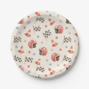 Retro Racing Helmet Chequered Flag Birthday Paper Plate
