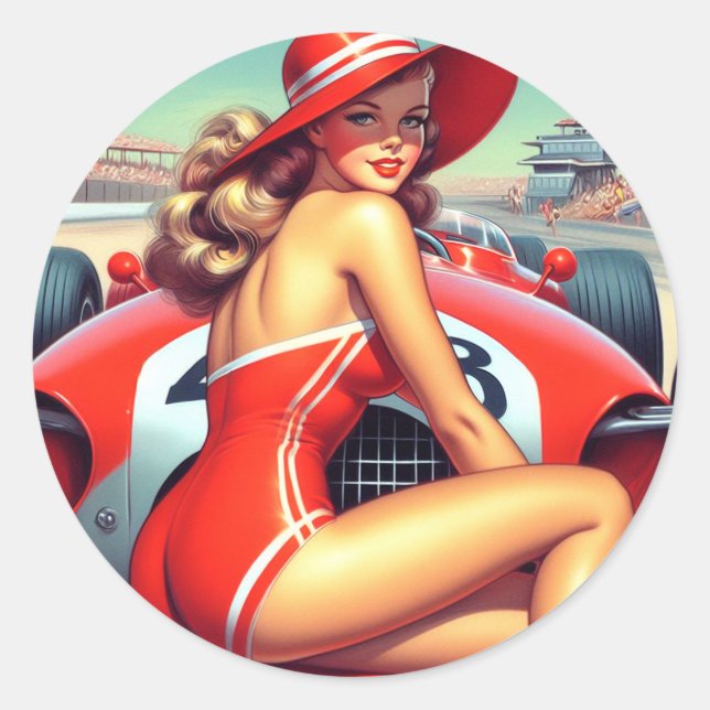 Retro Racing Pin-up Classic Round Sticker (Front)