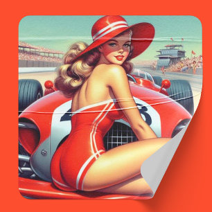 Retro Racing Pin-up Square Paper Coaster