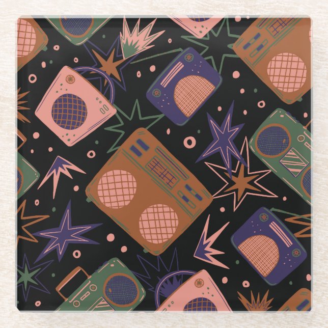Retro radios, tape recorders pattern. glass coaster (Front)