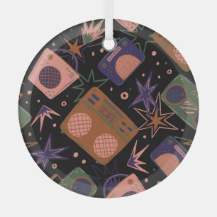Retro radios, tape recorders pattern. glass tree decoration