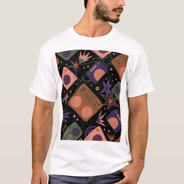 Retro radios, tape recorders pattern. T-Shirt (Front)