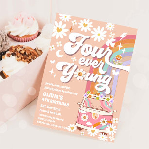 Retro Rainbow 4th Birthday Invitation
