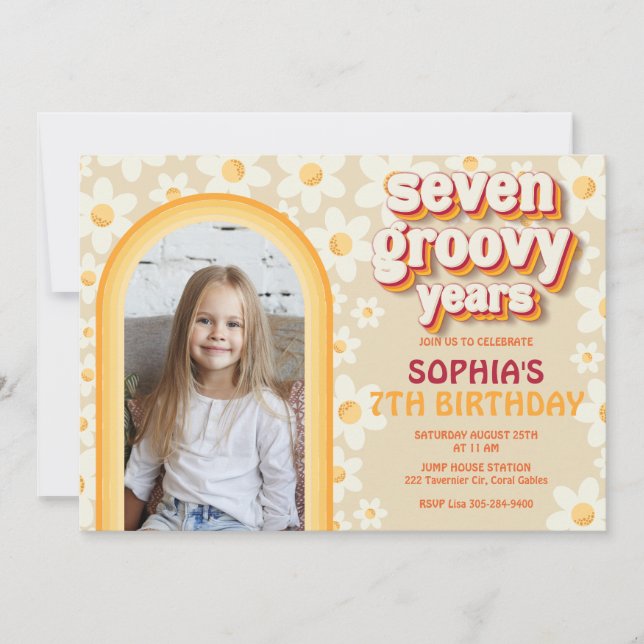 Retro Rainbow 7th Photo Birthday Party Invitation (Front)