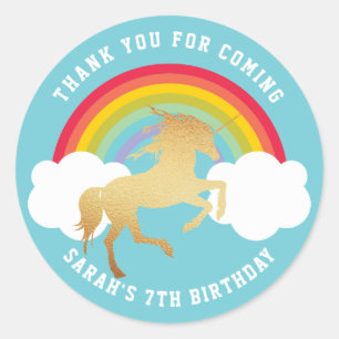Retro Rainbow and Clouds Gold Unicorn Thank You Classic Round Sticker