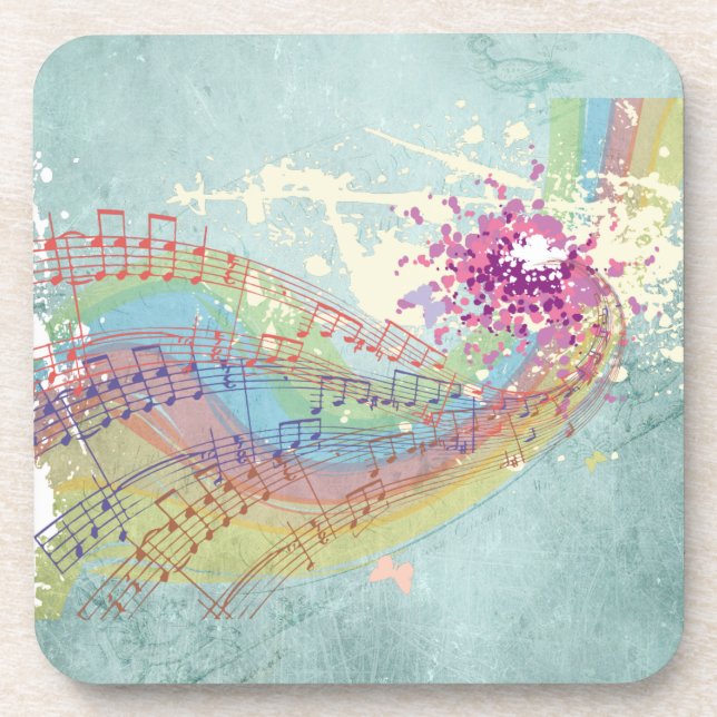 Retro Rainbow and Music Notes on a Shabby Texture Coaster (Front)