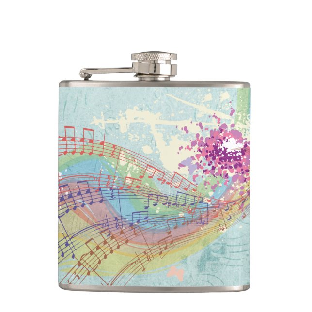 Retro Rainbow and Music Notes on a Shabby Texture Hip Flask (Front)