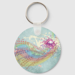 Retro Rainbow and Music Notes on a Shabby Texture Key Ring