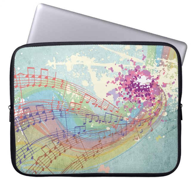 Retro Rainbow and Music Notes on a Shabby Texture Laptop Sleeve (Front)