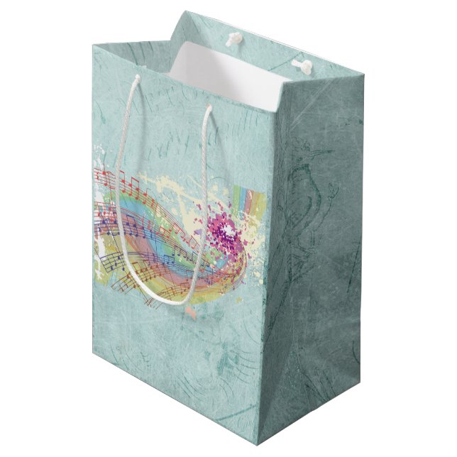 Retro Rainbow and Music Notes on a Shabby Texture Medium Gift Bag (Front Angled)