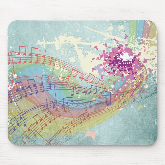 Retro Rainbow and Music Notes on a Shabby Texture Mouse Mat (Front)