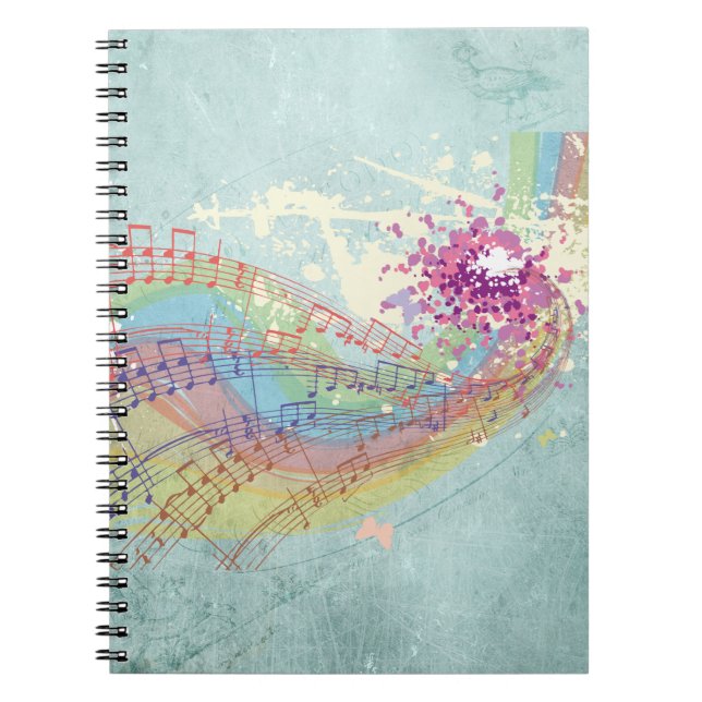 Retro Rainbow and Music Notes on a Shabby Texture Notebook (Front)