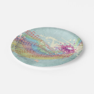Retro Rainbow and Music Notes on a Shabby Texture Paper Plate