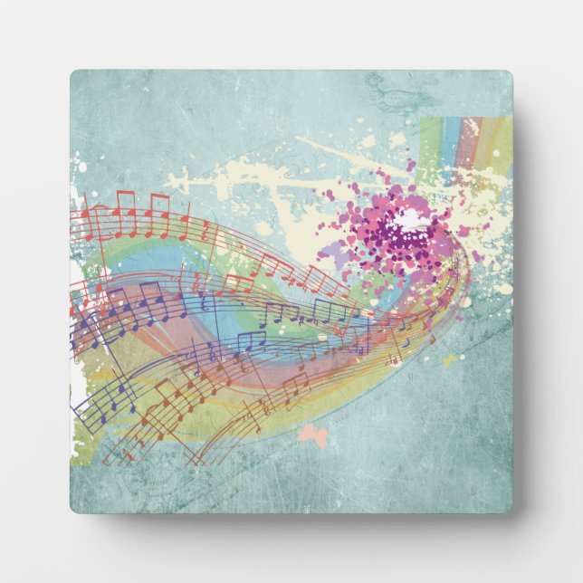 Retro Rainbow and Music Notes on a Shabby Texture Plaque (Front)