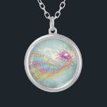 Retro Rainbow and Music Notes on a Shabby Texture Silver Plated Necklace<br><div class="desc">This exciting musical themed image is a funky retro design of a pastel coloured rainbow with dark multicolored music notes on pieces of sheet music exploding outward. Butterflies and paint splatters seem to burst forth from the centre. The background is a faded, dark green, vintage style, shabby grunge texture with...</div>