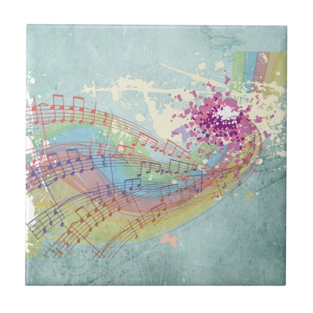 Retro Rainbow and Music Notes on a Shabby Texture Tile (Front)