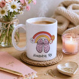 Retro Rainbow and Rubber Clogs Monogram Nursing  Coffee Mug