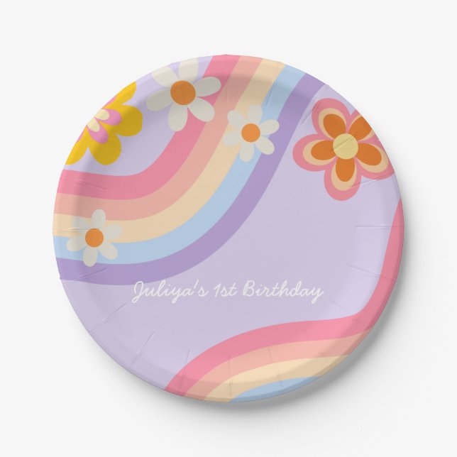 Retro Rainbow  Birthday  Paper Plate (Front)