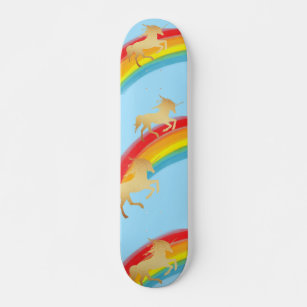 Retro Rainbow Blue Sky Golden Unicorns Skateboard